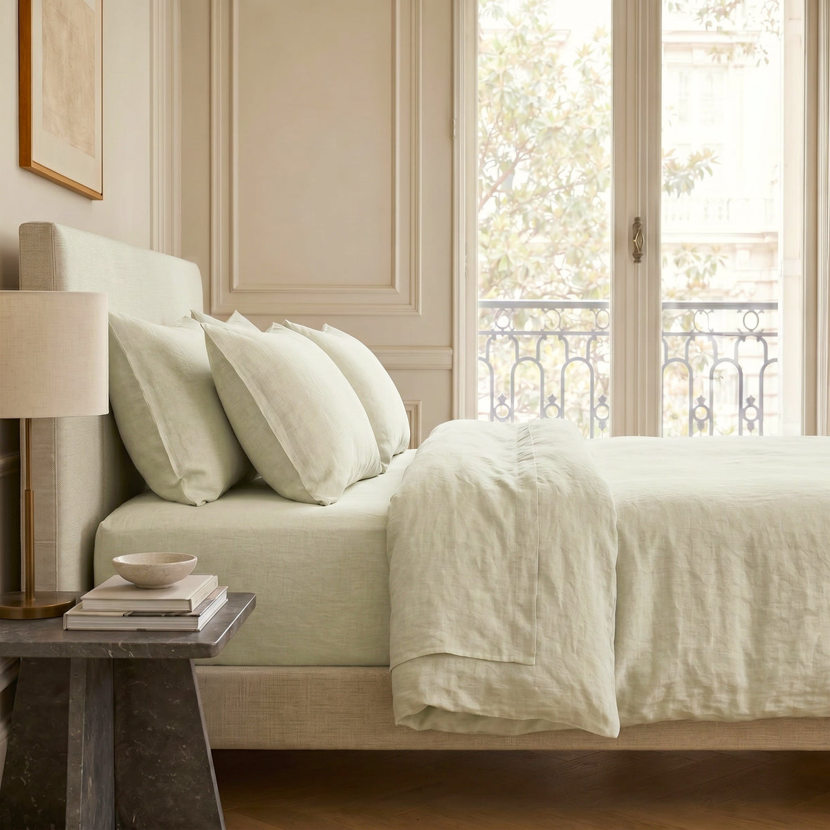 Washed Linen Fitted Sheet - Almond Green